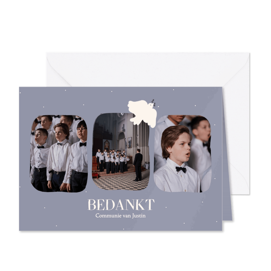 Blauw bedankkaartje voor communie met duifje klassiek - Kaartimpressie