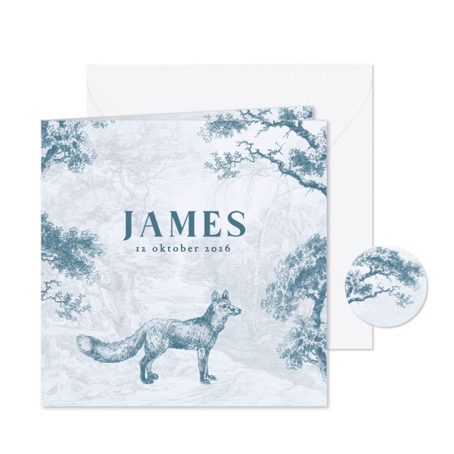 Blauw geboortekaartje vintage met van vosje in het bos - Kaartimpressie