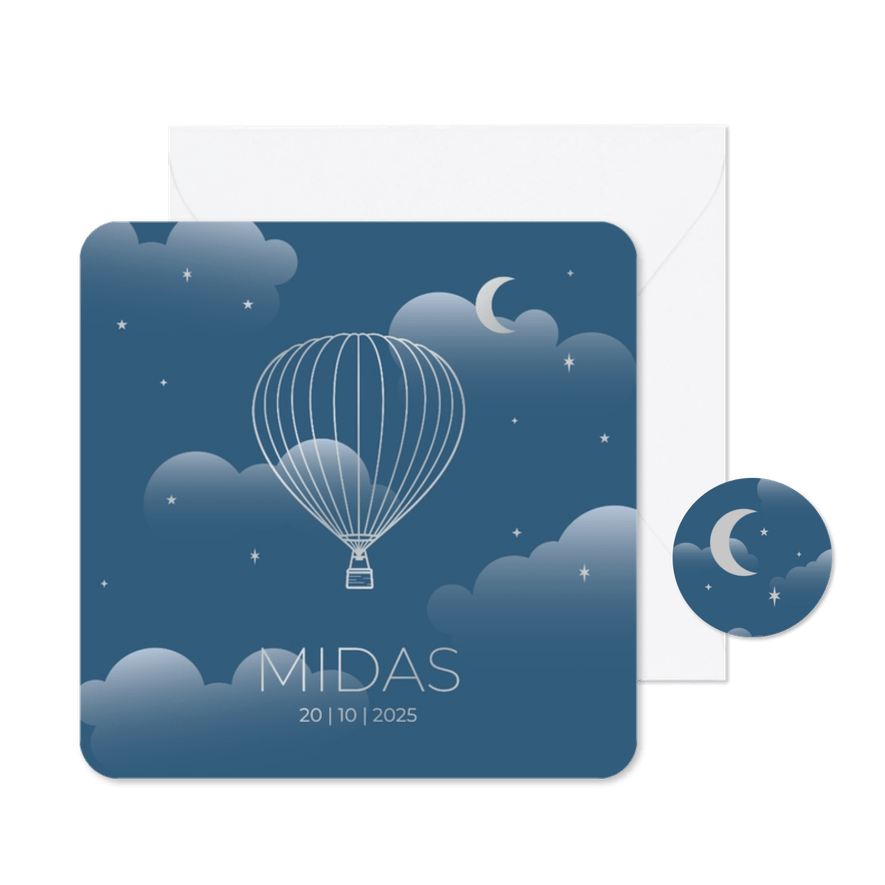 Blauw modern geboortekaartje met luchtballon zilver - Kaartimpressie