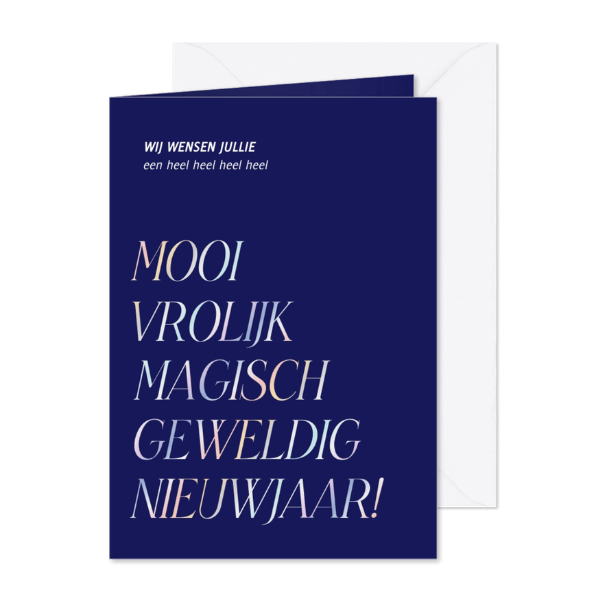 Blauwe kaart goed vrolijk magisch nieuwjaar regenboog - Kaartimpressie