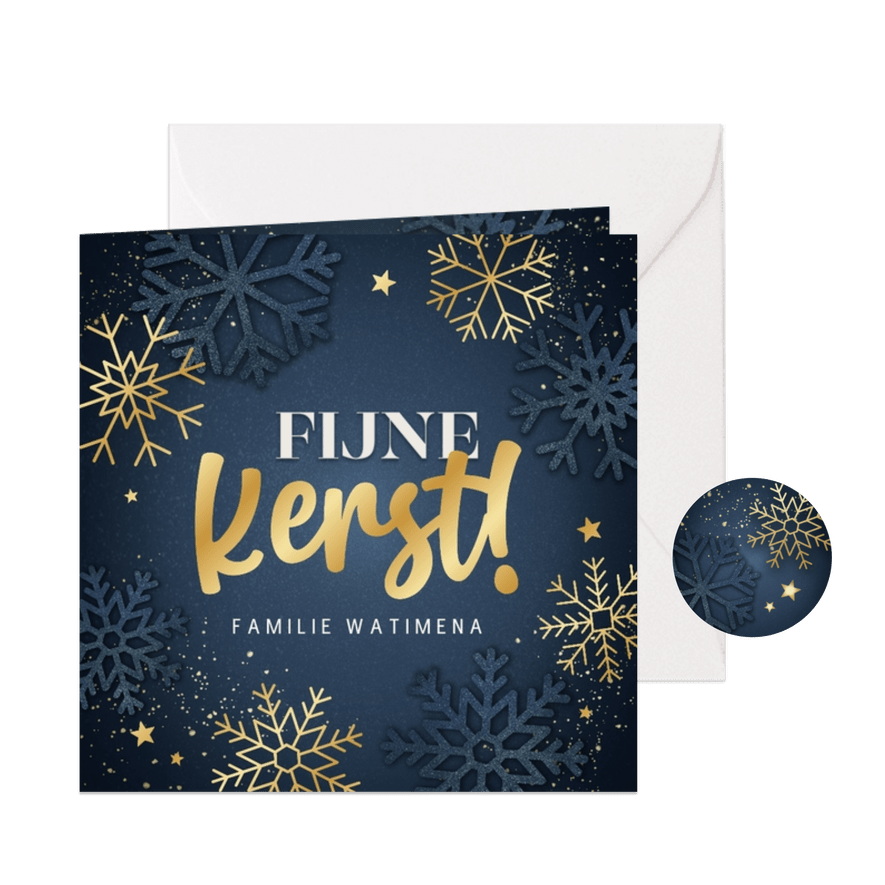 Blauwe kerstkaart Fijne Kerst sneeuwvlokken en sterren - Kaartimpressie