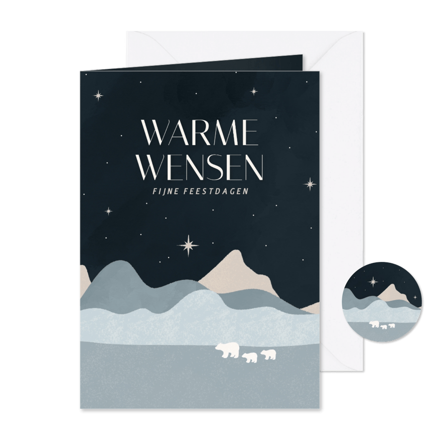 Blauwe kerstkaart landschap met ijsbeertjes en sterren - Kaartimpressie
