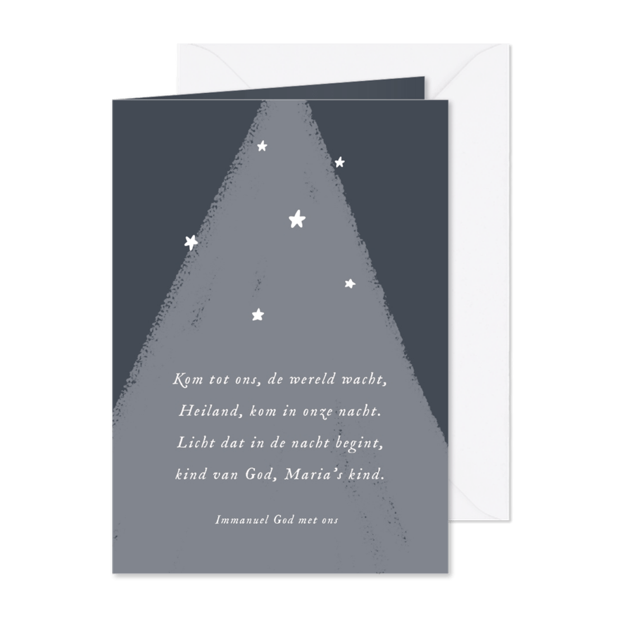 Blauwe kerstkaart met christelijke tekst en sterren - Kaartimpressie