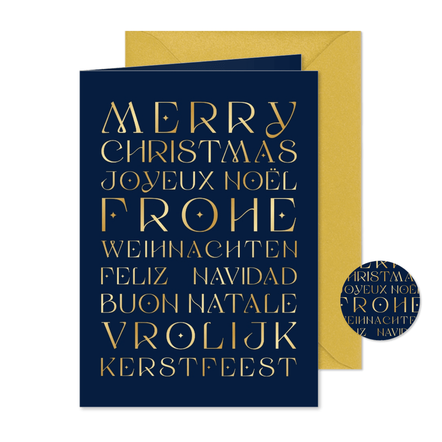 Blauwe kerstkaart met tekst in verschillende talen - Kaartimpressie