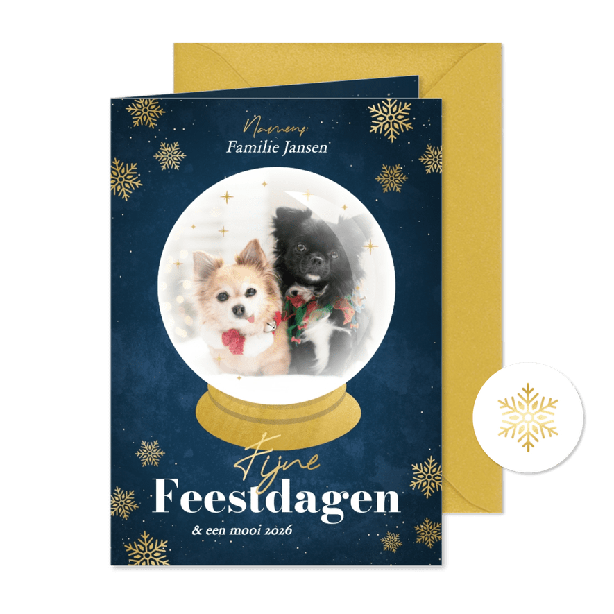 Blauwe kerstkaarten met foto in sneeuwbol goudfolie - Kaartimpressie