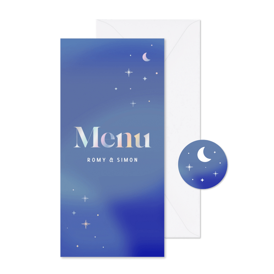 Blauwe menukaart huwelijk uniek met holografische sterren - Kaartimpressie