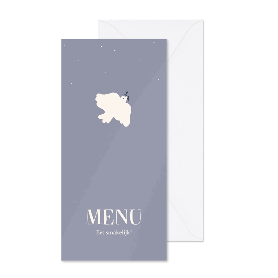 Blauwe menukaartje met klassiek duifje voor communie - Kaartimpressie