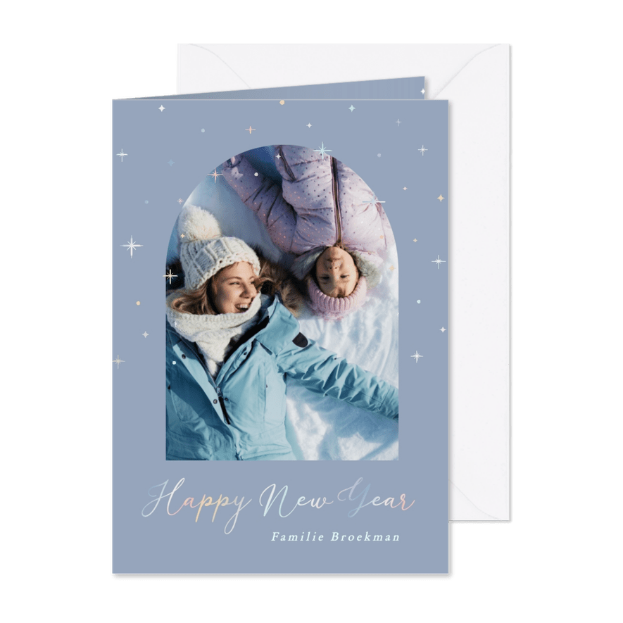 Blauwe nieuwjaarskaart met foto en holografische sterretjes - Kaartimpressie