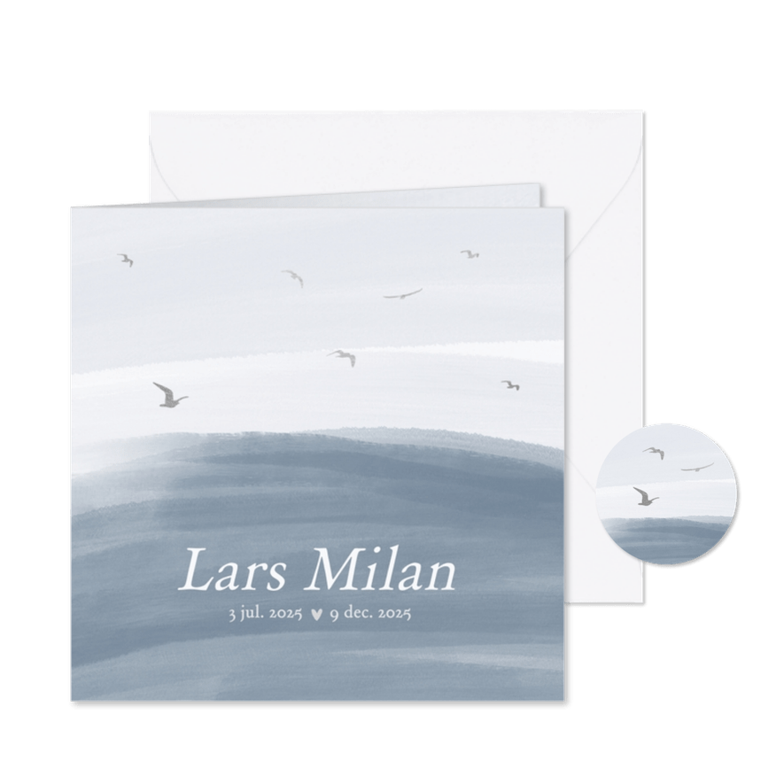 Blauwe rouwkaart kind met vogels en waterverf blauw - Kaartimpressie