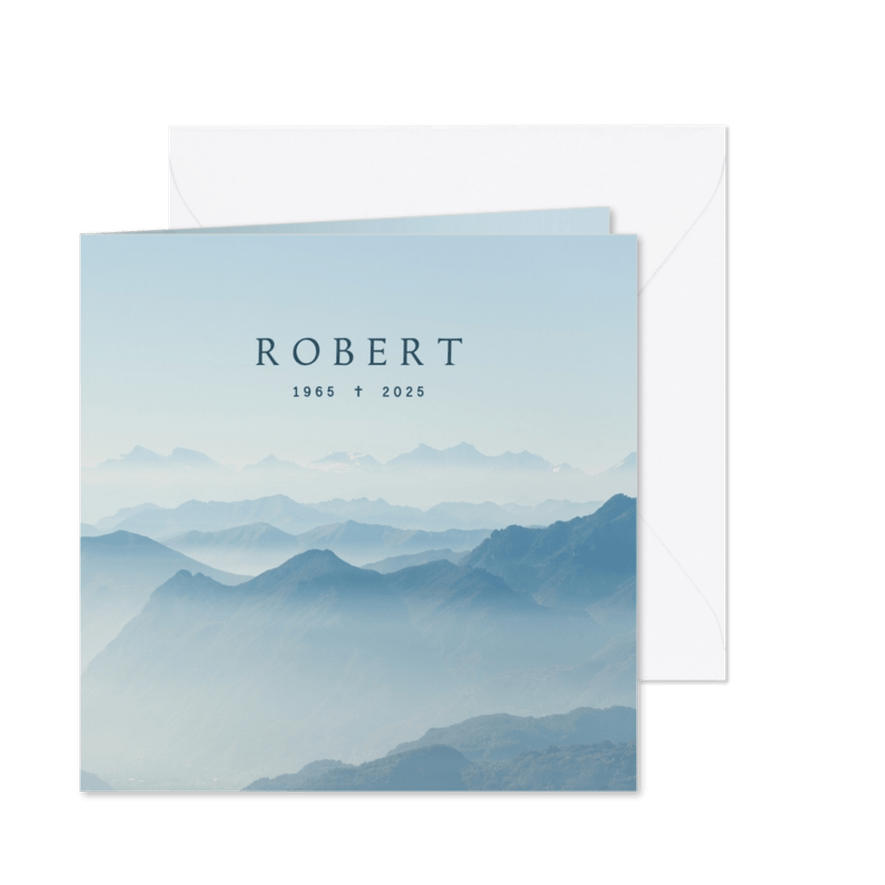 Blauwe rouwkaart met berglandschap - Kaartimpressie