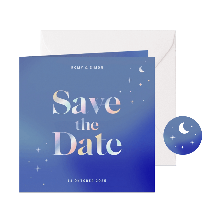 Blauwe save the date kaart uniek met holografische sterren - Kaartimpressie