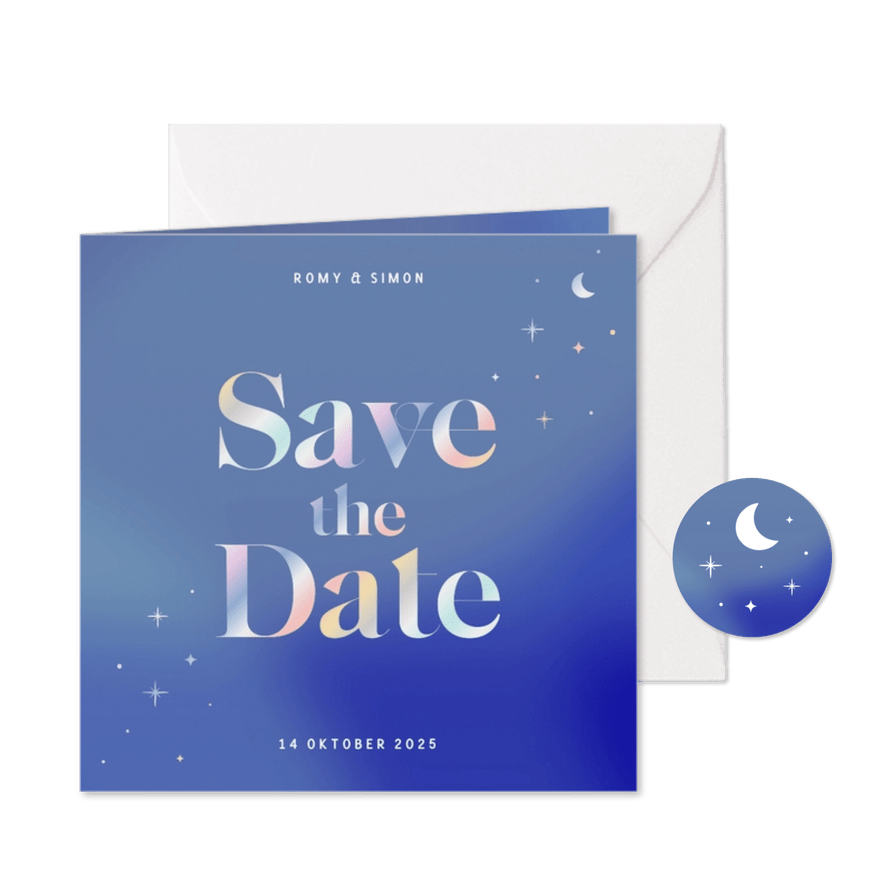 Blauwe save the date kaart uniek met holografische sterren - Kaartimpressie