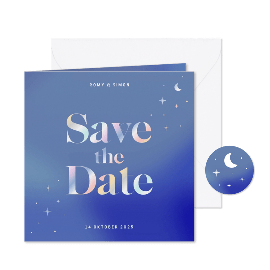 Blauwe save the date kaart uniek met holografische sterren - Kaartimpressie
