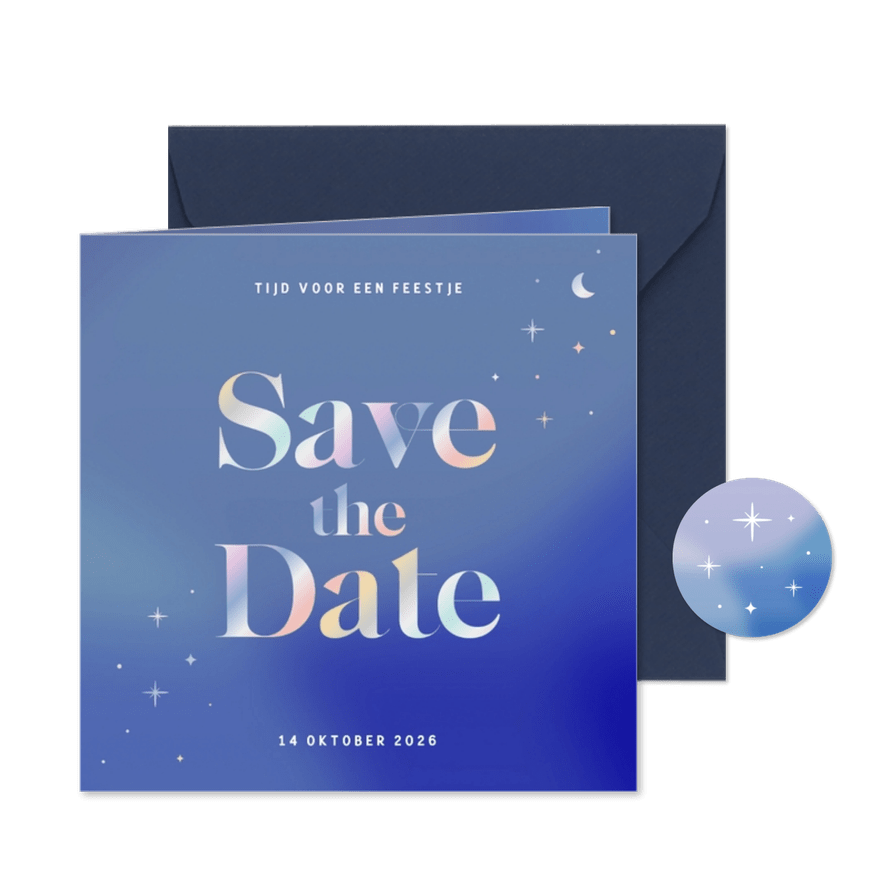 Blauwe save the date uitnodiging met holografische folie - Kaartimpressie