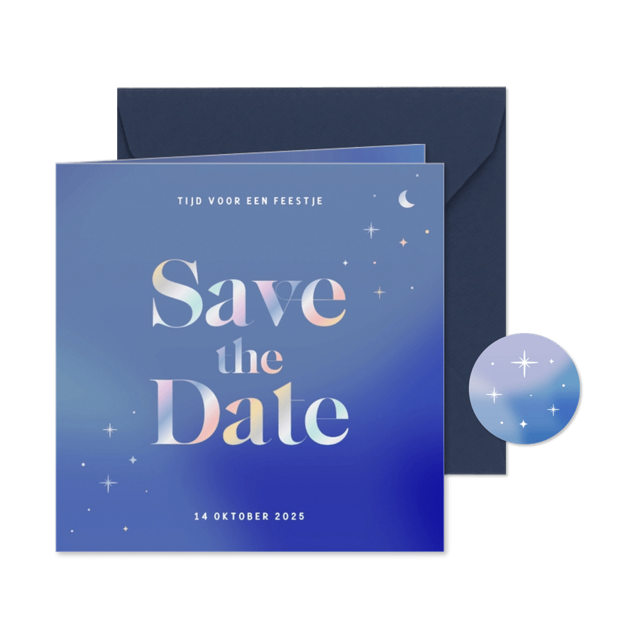 Blauwe save the date uitnodiging met holografische folie - Kaartimpressie