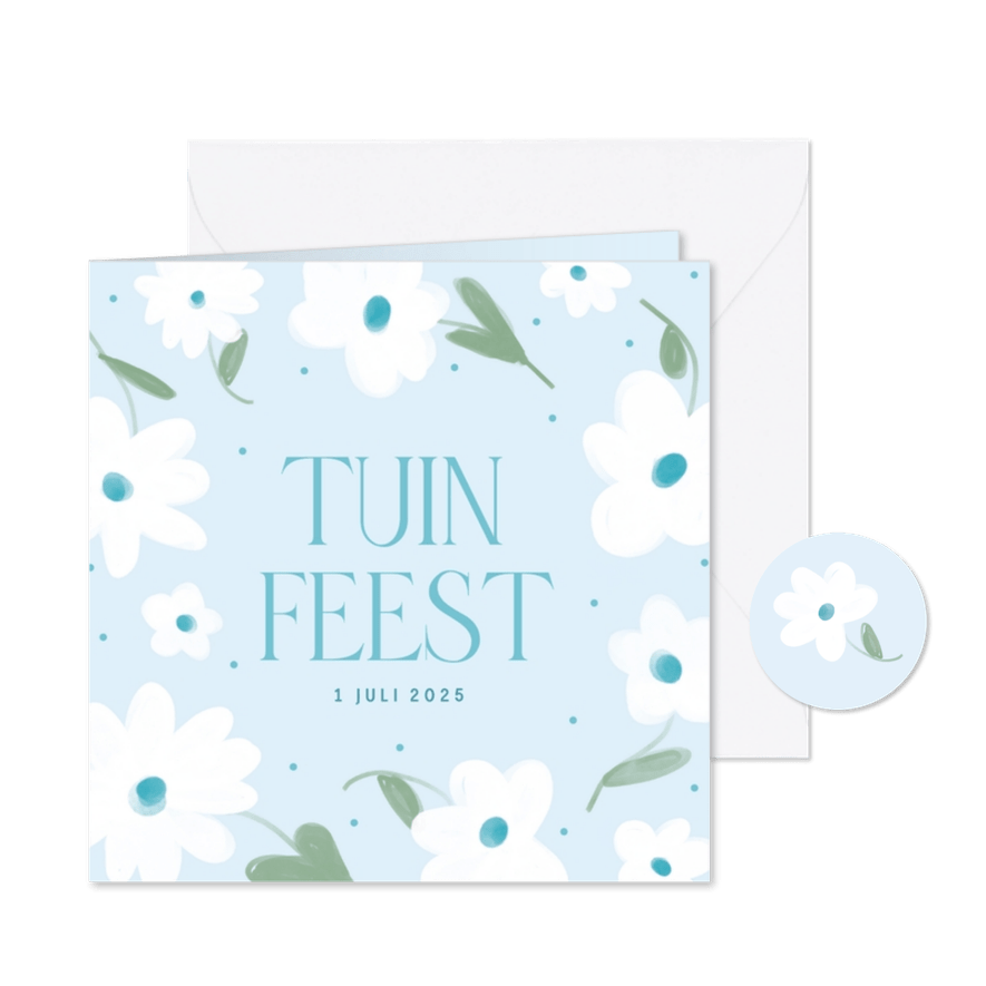 Blauwe uitnodiging met bloemetjes voor een tuinfeest - Kaartimpressie