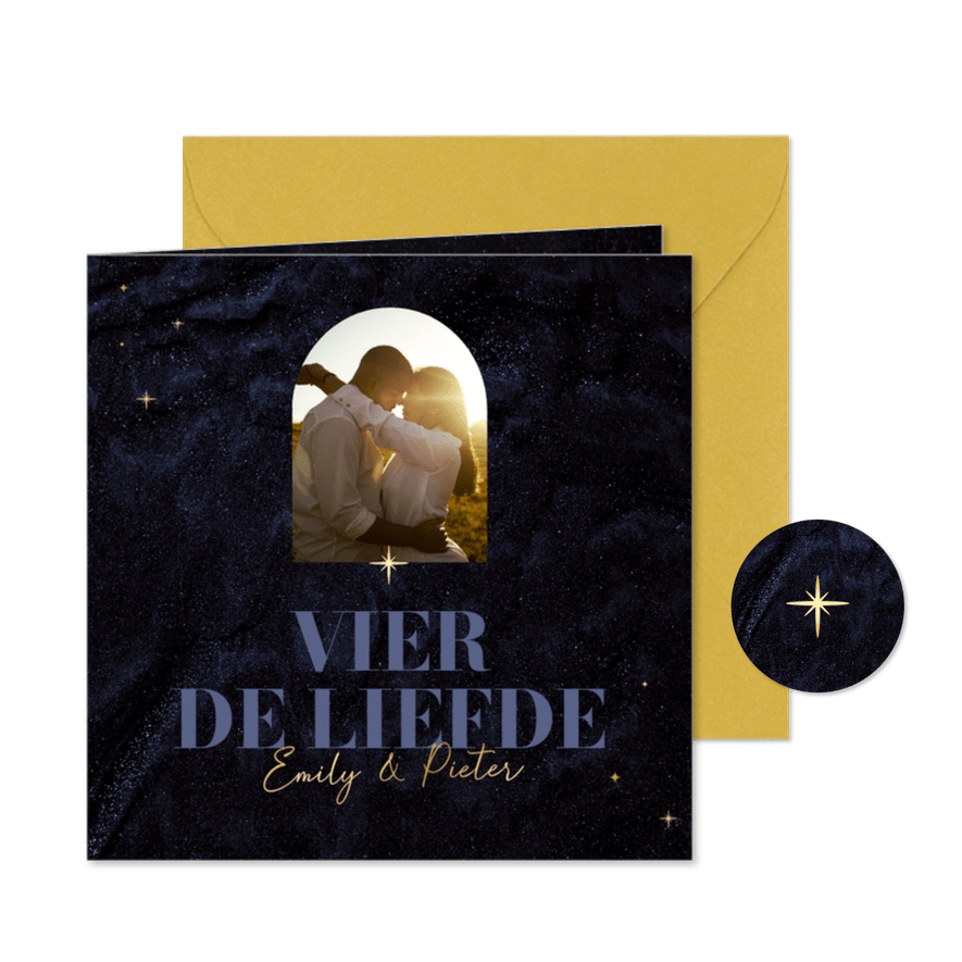 Blauwe vier de liefde uitnodiging met gouden sterretjes - Kaartimpressie