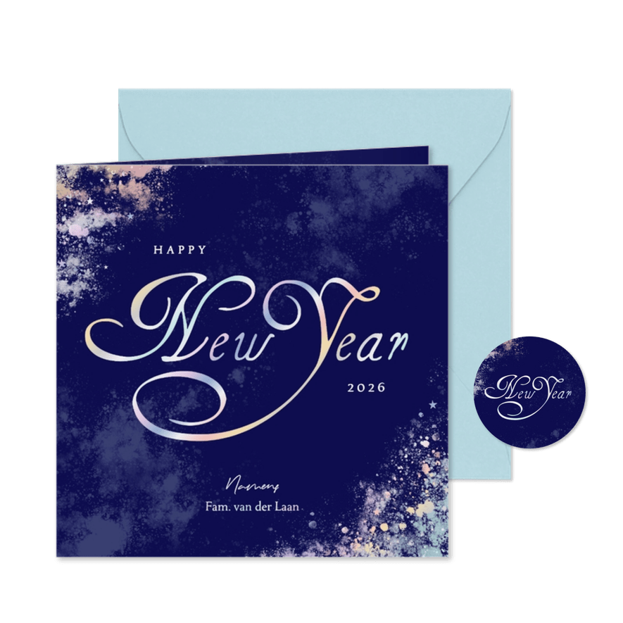 Blauwe waterverf nieuwjaarskaart met holografisch foliedruk - Kaartimpressie