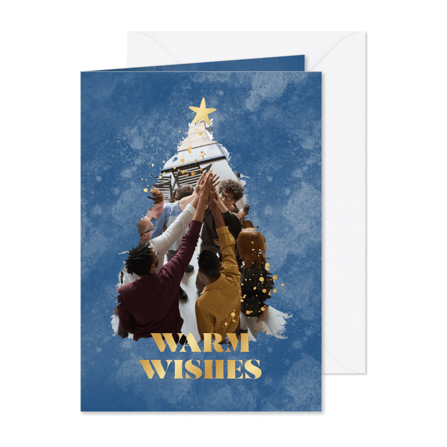 Blauwe zakelijke kerstkaart met foto in kerstboom vorm - Kaartimpressie