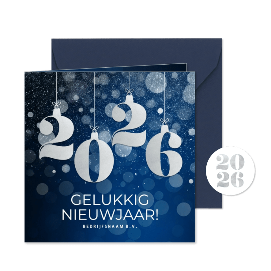 Blauwe zakelijke nieuwjaarskaart met zilveren glitter 2026 - Kaartimpressie