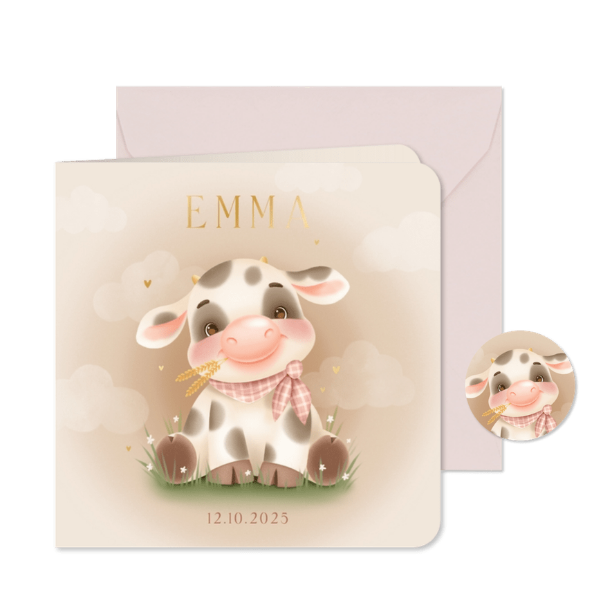 Boerderij geboortekaartje met meisjes koe wolkjes in gras - Kaartimpressie