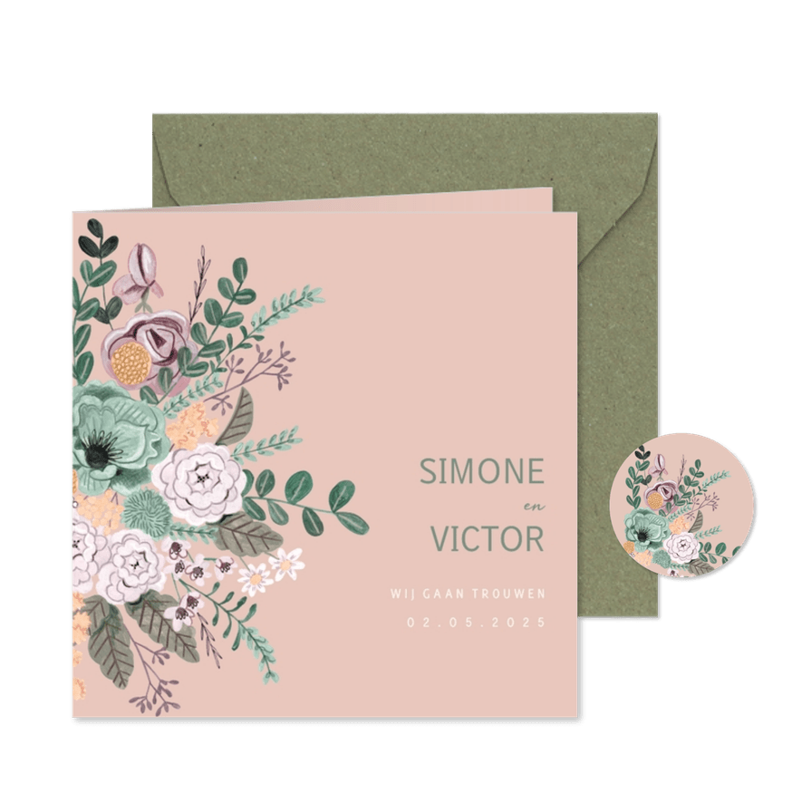 Bohemian blush pink and sage groen bloemen trouwkaart. - Kaartimpressie