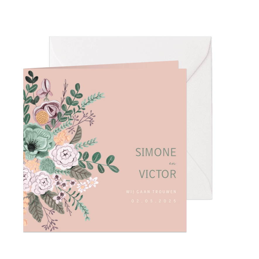 Bohemian blush pink and sage groen bloemen trouwkaart. - Kaartimpressie