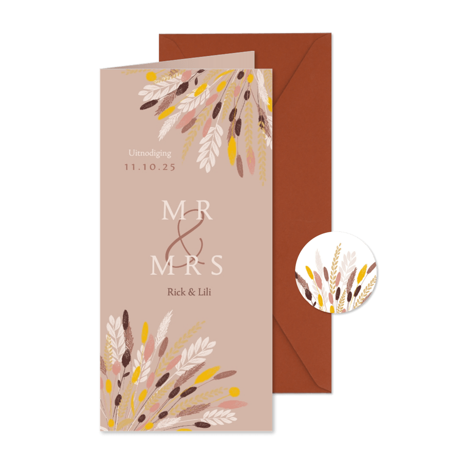 Bohemian chic trouwkaart illustratie droogbloemen boeket - Kaartimpressie