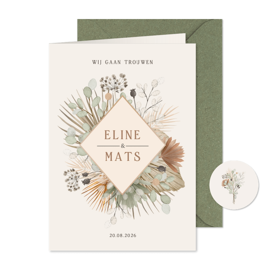 Bohemian trouwkaart uitnodiging met droogbloemen en ruit - Kaartimpressie