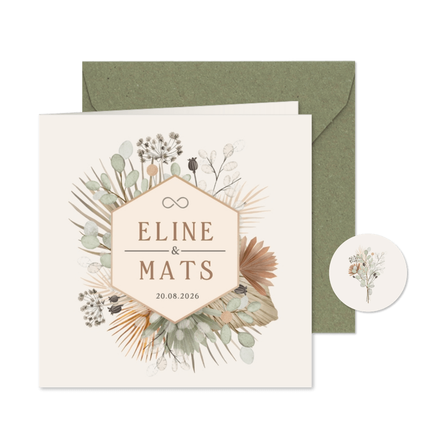 Bohemian vintage trouwkaart met droogbloemen en hexagon - Kaartimpressie