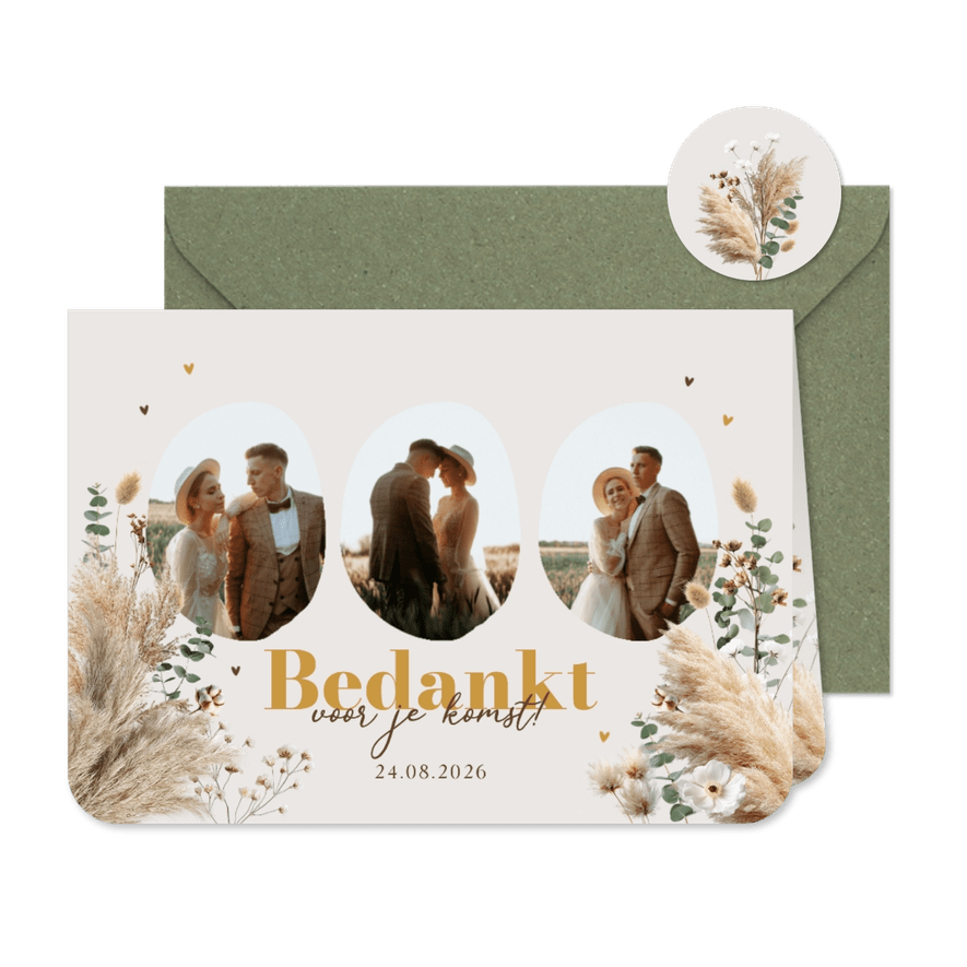 Boho trouwkaart bedankt voor je komst pampas eucalyptus - Kaartimpressie