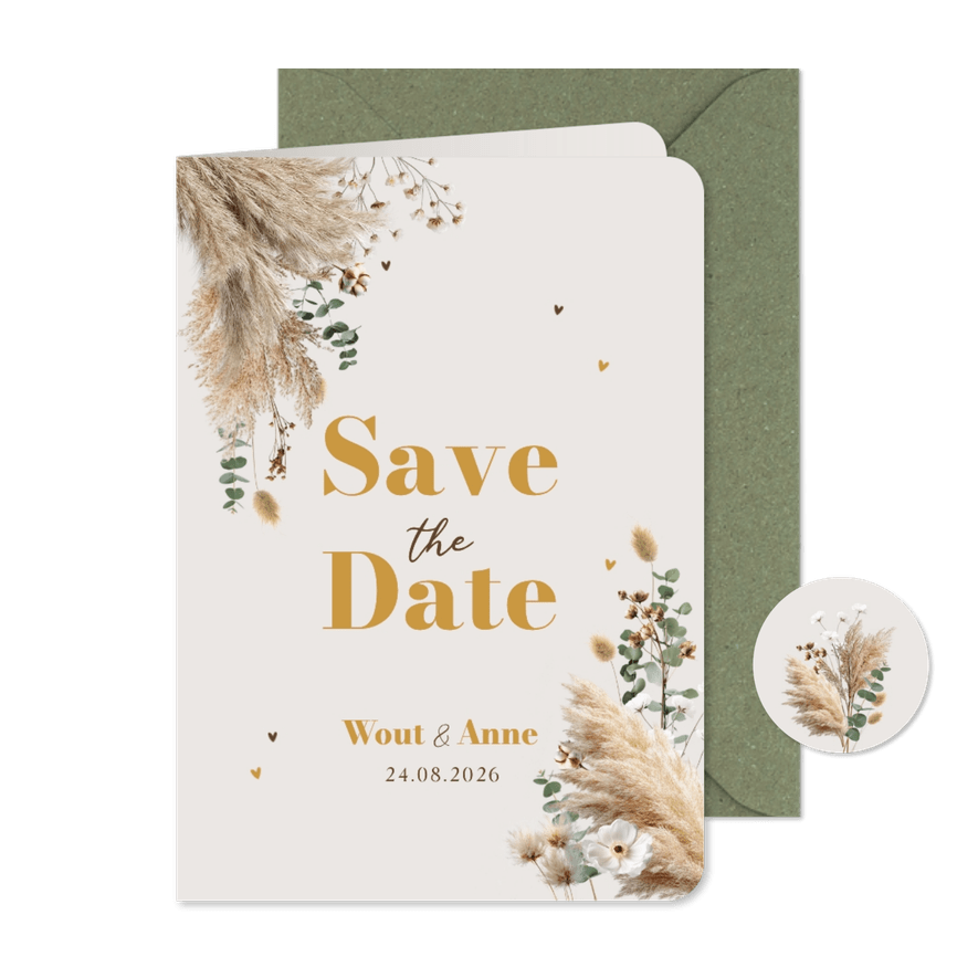 Boho trouwkaart save the date pampas eucalyptus - Kaartimpressie