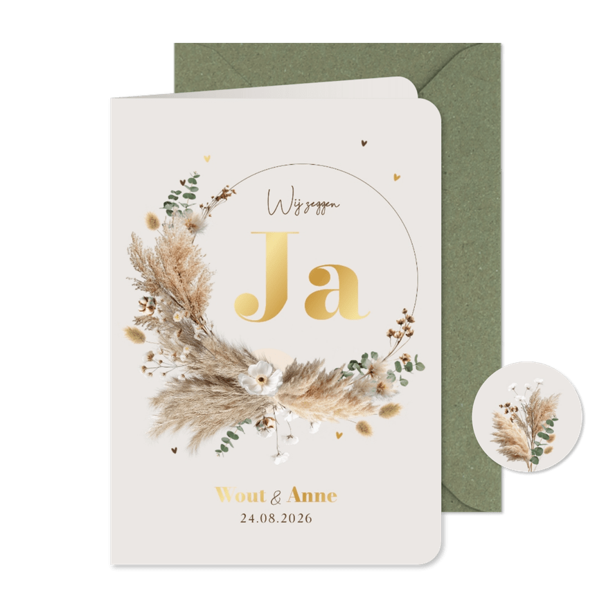 Boho trouwkaart save the date pampas krans goud - Kaartimpressie