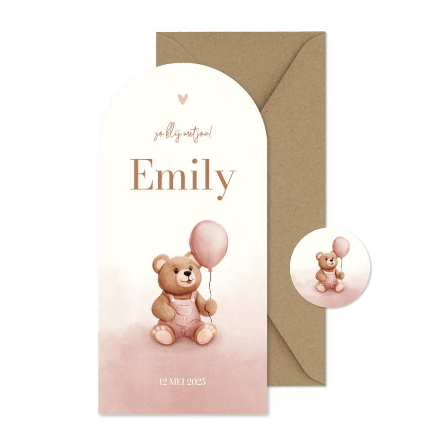 Boog geboortekaartje teddybeer met ballon roze waterverf - Kaartimpressie