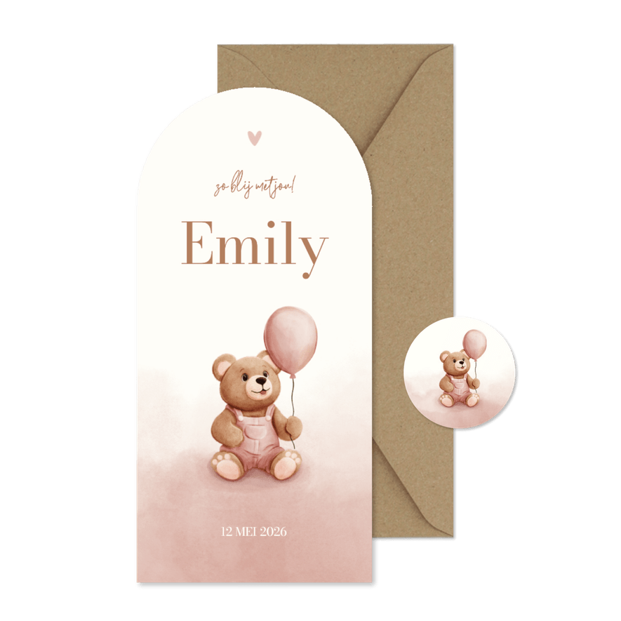 Boog geboortekaartje teddybeer met ballon roze waterverf - Kaartimpressie