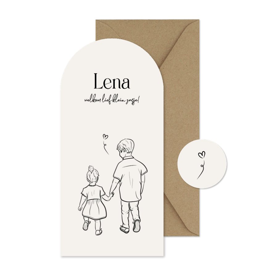 Boog geboortekaartje zusje met lijn illustratie zwart wit - Kaartimpressie