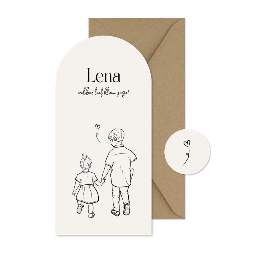 Boog geboortekaartje zusje met lijn illustratie zwart wit - Kaartimpressie