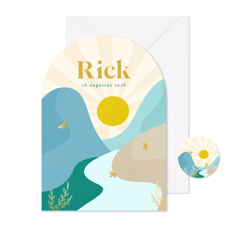 Boog vorm geboortekaartjes met landschap libelle goud jongen - Kaartimpressie