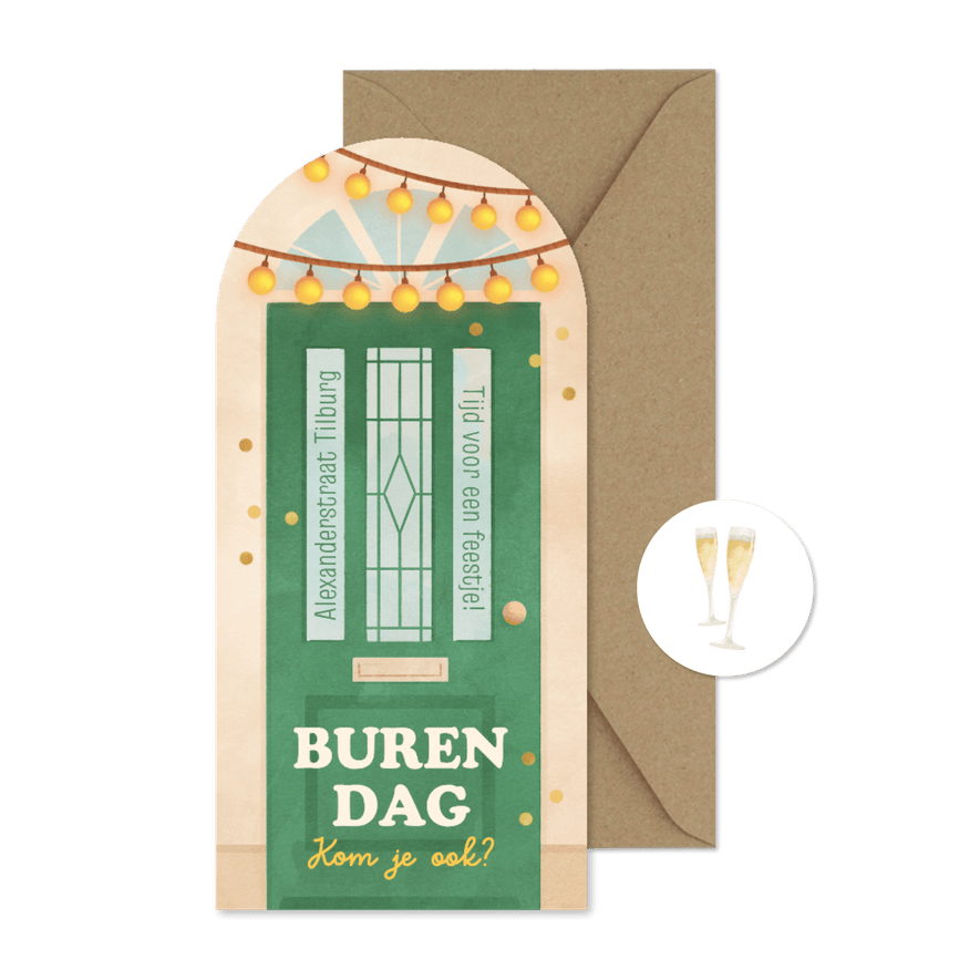 Boogkaart buurtfeest burendag feestje voordeur slingers - Kaartimpressie