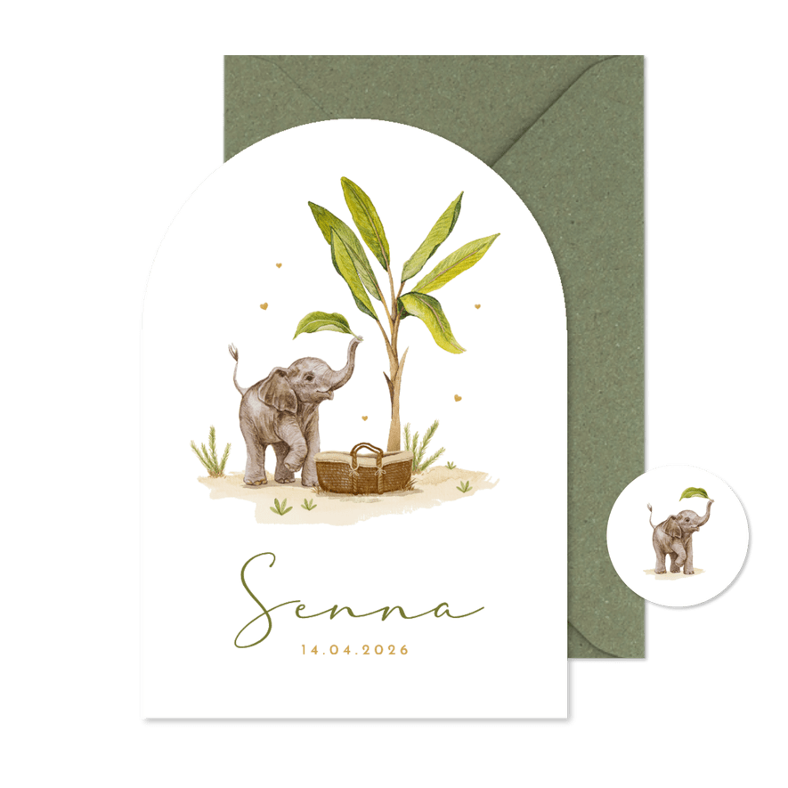 Boogkaart geboortekaartje olifant mandje baby bananenboom - Kaartimpressie