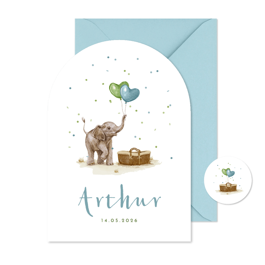 Boogkaart geboortekaartje olifantje mandje confetti jongen - Kaartimpressie