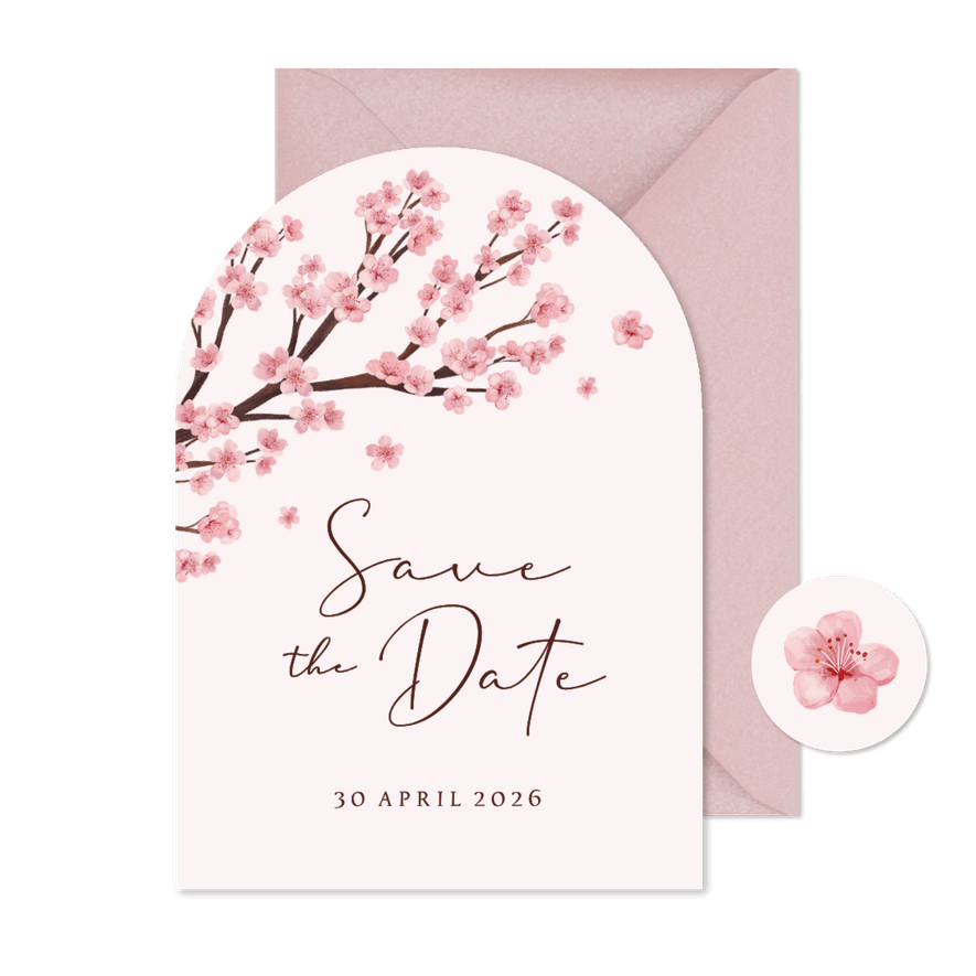 Boogkaart save the date lente bloesem roze romantisch - Kaartimpressie