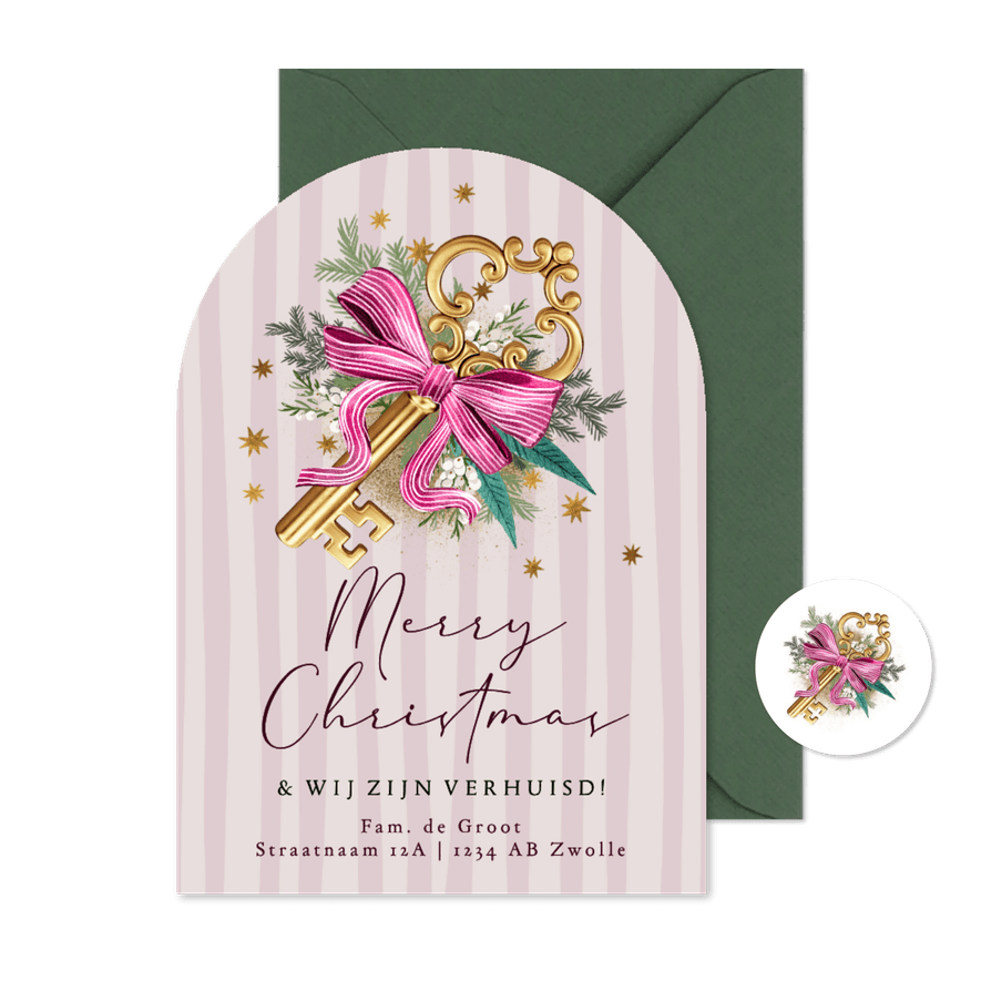 Boogvorm kerst verhuiskaart botanisch sleutel goud strepen - Kaartimpressie