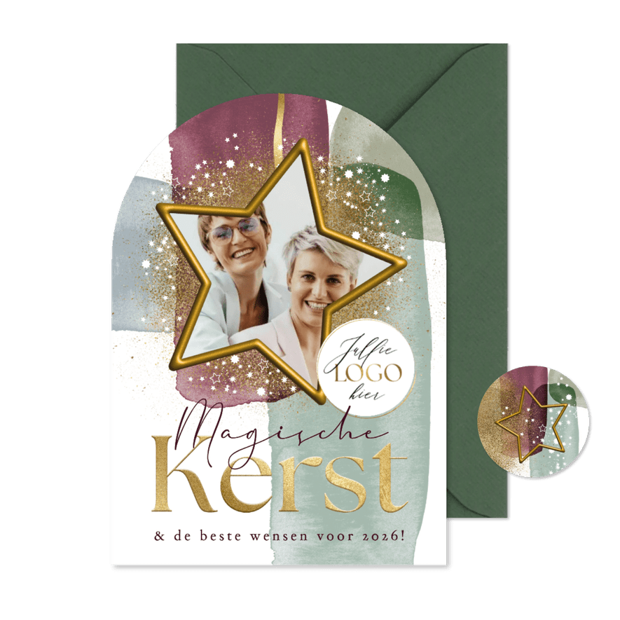 Boogvorm kerstkaart kleurrijk watercolor sterrenstof goud - Kaartimpressie