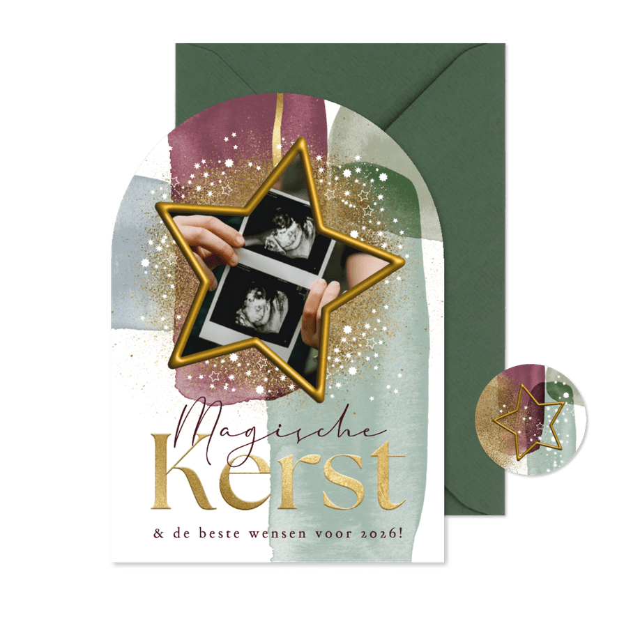 Boogvorm kerstkaart magische kerst sterren goud waterverf - Kaartimpressie