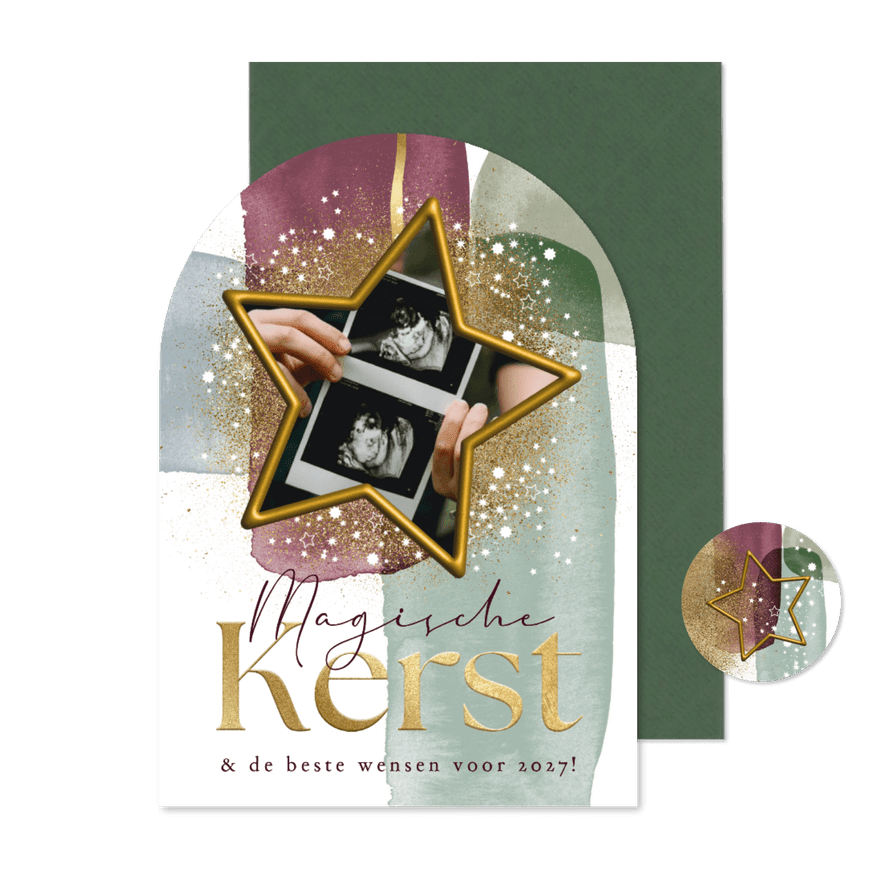 Boogvorm kerstkaart magische kerst sterren goud waterverf - Kaartimpressie