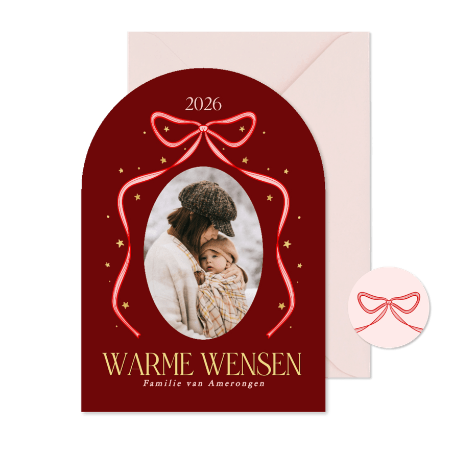 Boogvorm kerstkaartje met strik en foto rood - Kaartimpressie