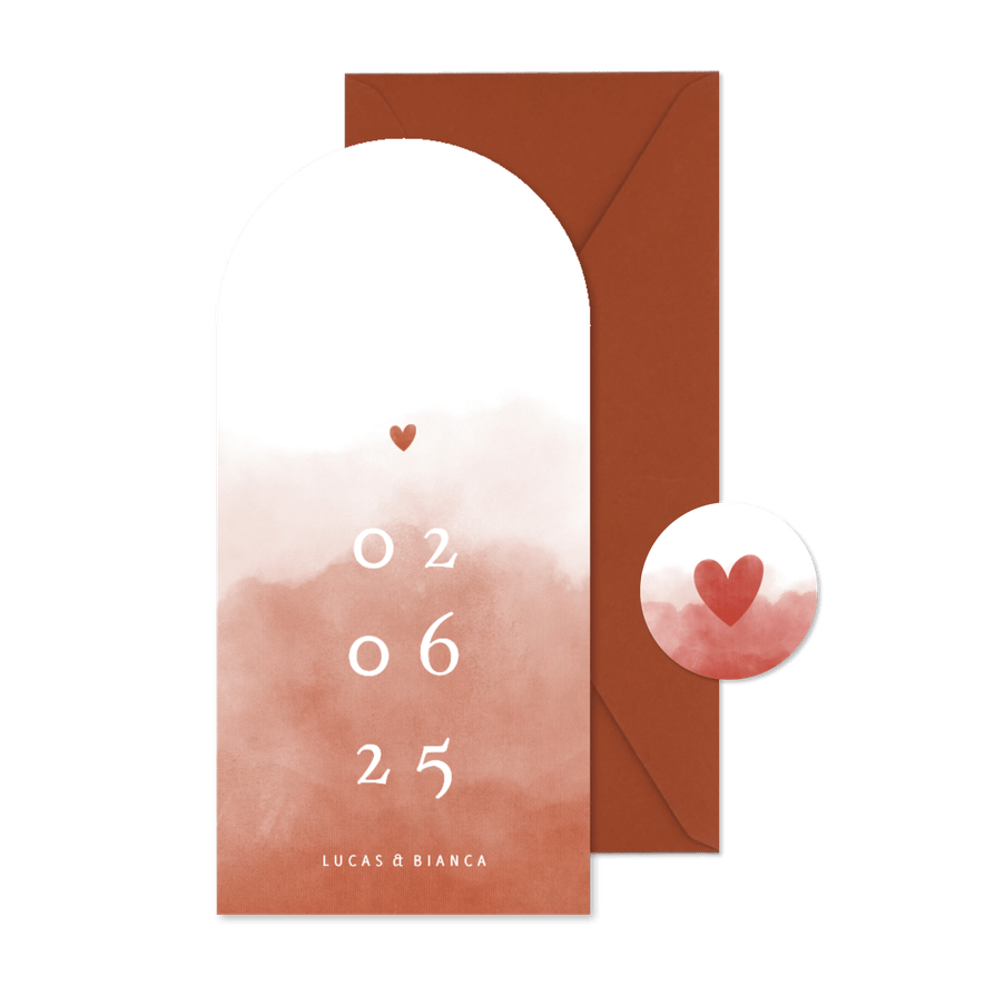 Boogvorm trouwkaart waterverf terra roze stijlvol - Kaartimpressie