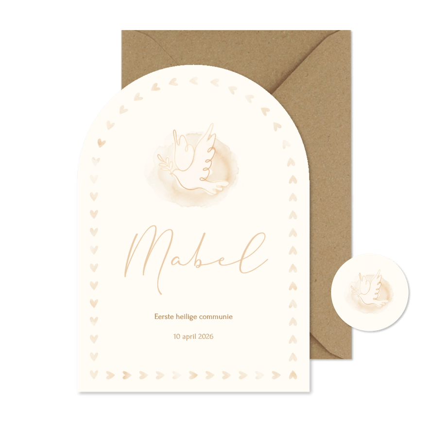 Boogvormig communiekaartje met duif en kader van hartjes - Kaartimpressie