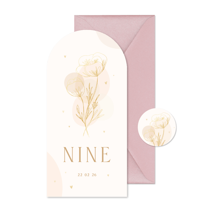 Boogvormig geboortekaartje lijntekening bloemen  - Kaartimpressie